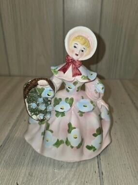 Vtg 1959 Relpo Flower Girl Basket Planter Samson Import Pink Dress Blue Flowers